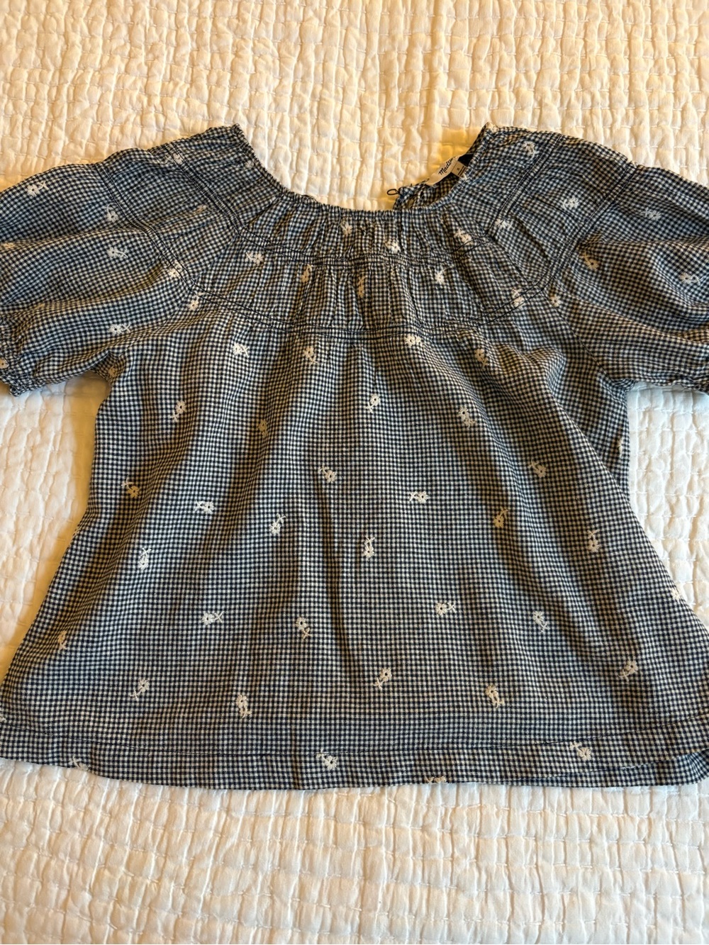 Madewell Black & White Gingham Smocked Neck Blouse